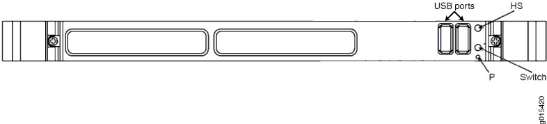 Technical drawing of a device showing two USB ports, an HS label, a P label, and a switch for connectivity and control features.