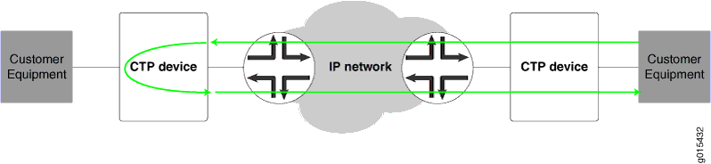 Network diagram showing data flow from customer equipment through CTP devices over an IP network using green arrows.