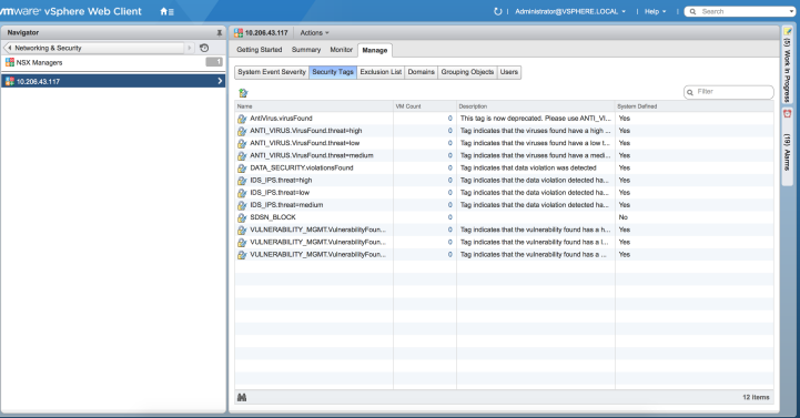 VMware vSphere Web Client interface showing NSX Managers section, focused on Security Tags under Manage tab, listing predefined security tags and their details.