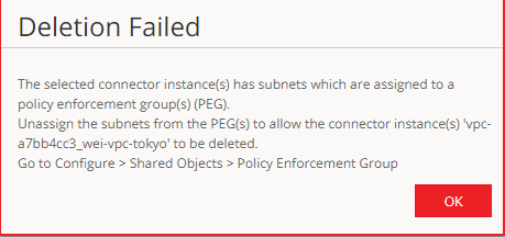Error message: Deletion Failed. Connector instance vpc-a7bb4cc3_wei-vpc-tokyo cannot be deleted due to assigned subnets in a Policy Enforcement Group. Unassign subnets via Configure > Shared Objects > Policy Enforcement Group. Red OK button at the bottom.