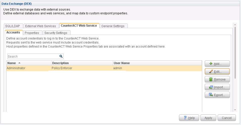 Software interface for Data Exchange DEX showing CounterACT Web Service tab with account credentials configuration. One account listed: Administrator.