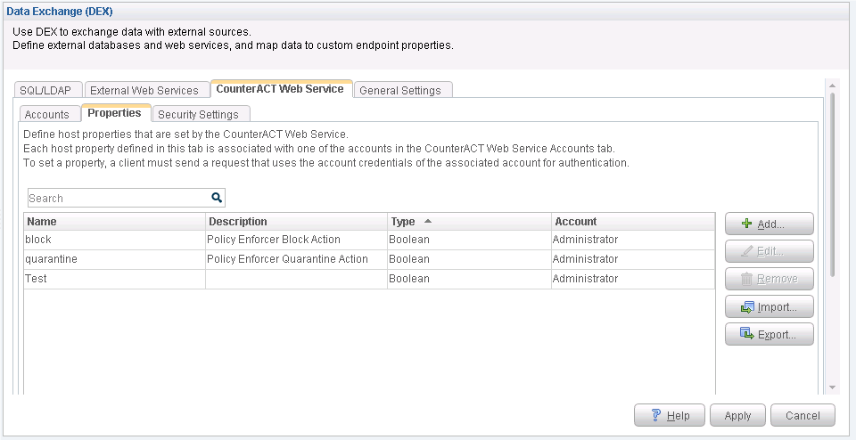 DEX configuration interface showing CounterACT Web Service tab for defining host properties, with tabs, properties list, buttons, and search bar.