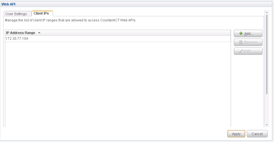 Configuration interface for managing client IP ranges in Web API settings. Shows one allowed IP: 172.30.77.104, with add, remove, edit buttons.