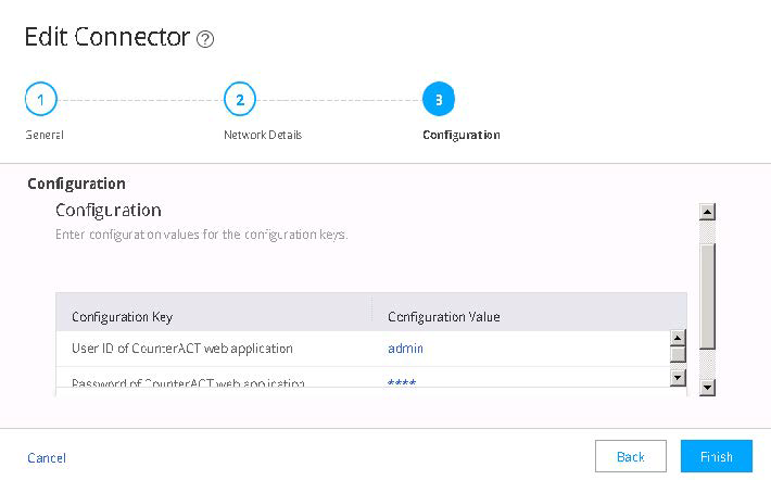 Configuration screen for editing a connector in software. Current step: Configuration. User ID: admin. Password hidden. Navigation buttons: Cancel, Back, Finish.