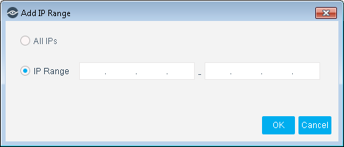 Dialog box titled Add IP Range with options for All IPs or specifying start and end IP addresses. OK and Cancel buttons.