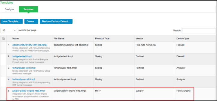 Configuration interface for managing templates with a highlighted entry: juniper-policy-engine-http.tmpl, an HTTP template for Juniper's Policy Engine.