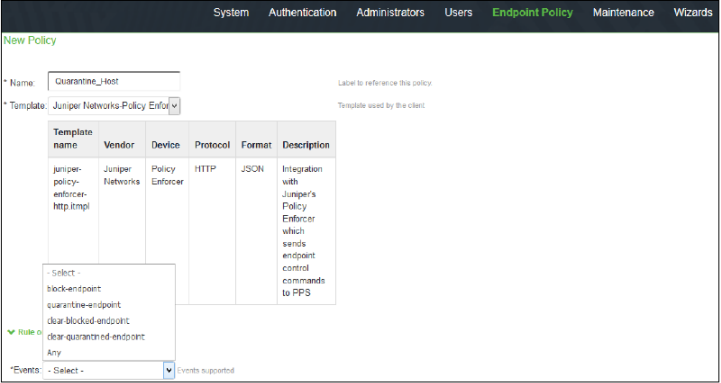Configuration interface for creating a new policy in Juniper Networks Policy Enforcer. Policy name: Quarantine_Host. Template: Juniper Networks-Policy Enforcer-http.tmpl. Rule options: block-endpoint, quarantine-endpoint, clear-blocked-endpoint, clear-quarantined-endpoint.