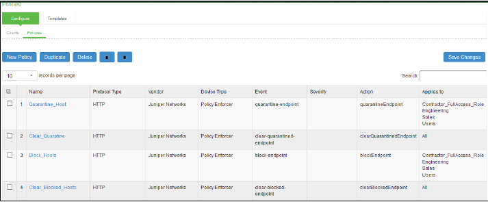 User interface for managing network policies with a table listing policy name, protocol type, vendor, device type, event, action, and applicable roles. Options to create, duplicate, or delete policies, save changes, search, and adjust records per page.