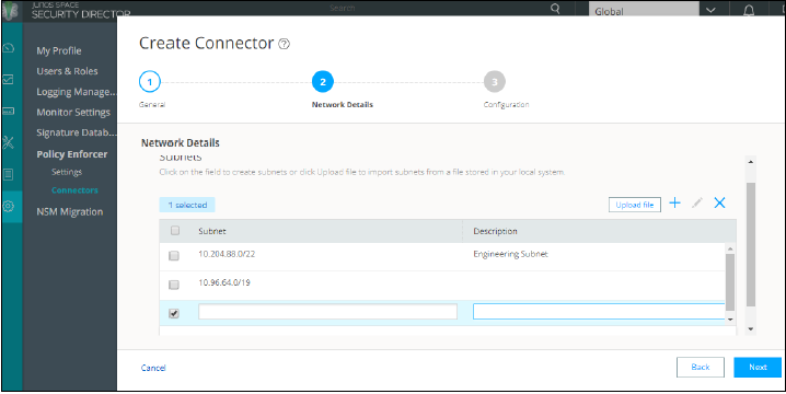 Screenshot of Juniper's Security Director showing the Network Details step 2 of 3 with subnets 10.204.88.0/22 and 10.96.64.0/19 listed and options to create, upload, or manage subnets. Navigation buttons for Next and Cancel, sidebar menu with profile and settings options visible.