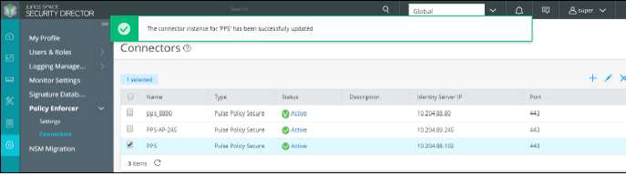 Juniper Security Director interface showing Connectors section with three active Pulse Policy Secure connectors. A notification confirms PPS connector update.