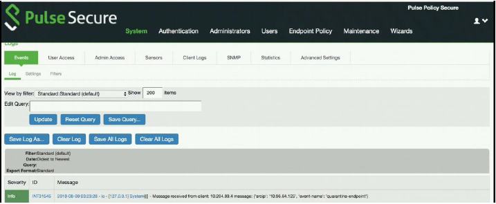 Pulse Secure Policy Secure interface showing Events log with an informational message from a client, quarantine endpoint event.