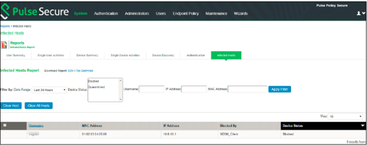Pulse Secure interface showing Infected Hosts report with filters for date, username, IP, MAC, and status. Table displays one entry: username vagrant, IP 10.0.10.1, blocked by SDN_Client, status Blocked.