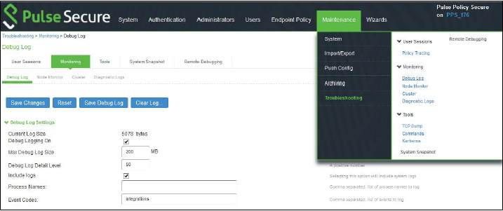 Pulse Secure Debug Log section under Troubleshooting menu with settings for log management and user actions like Save Changes and Clear Log.
