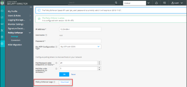 Juniper Networks Security Director showing Policy Enforcer settings with fields for IP address, username, password, and Sky ATP configuration.
