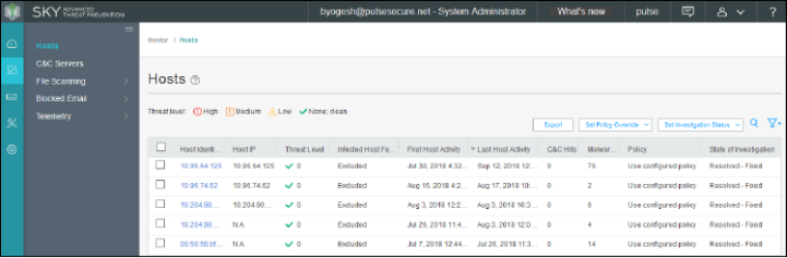 Screenshot of Pulse Secure's Sky Advanced Threat Prevention showing Hosts section with threat levels, host details, and action options for security management.
