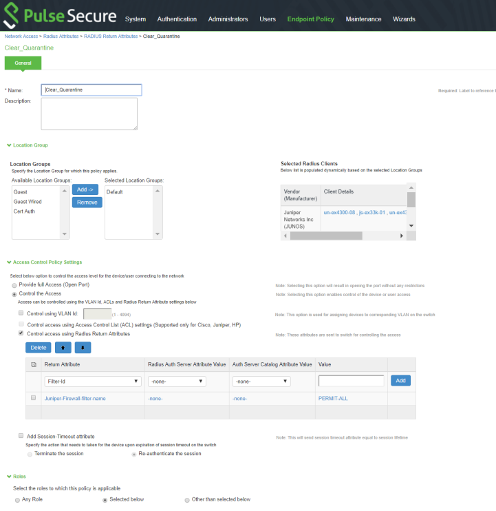 Pulse Secure admin interface showing Endpoint Policy Clear_Quarantine page. It configures RADIUS attributes, location groups, and device policies for network access control.