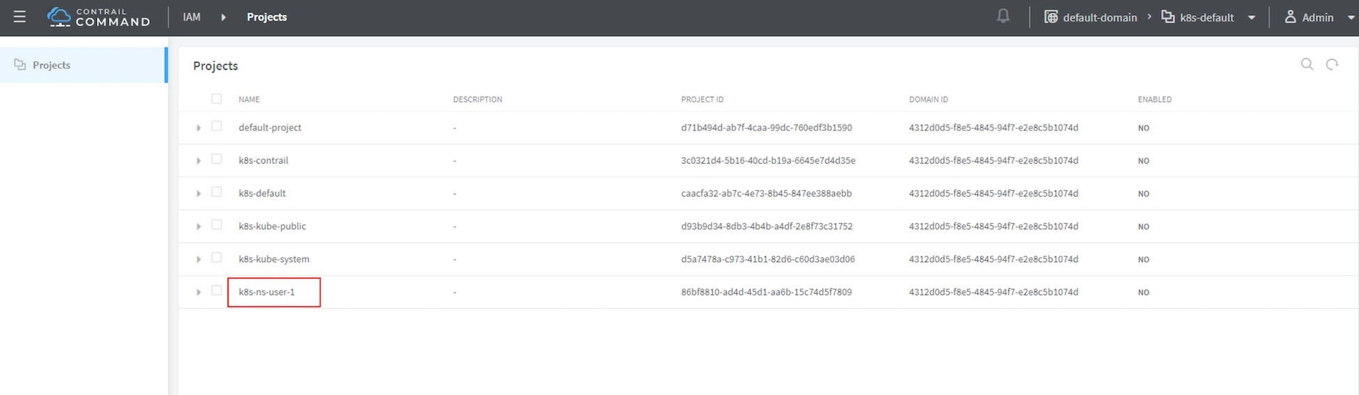Screenshot of Contrail Command interface showing a list of six projects, all with "NO" under the "ENABLED" column.