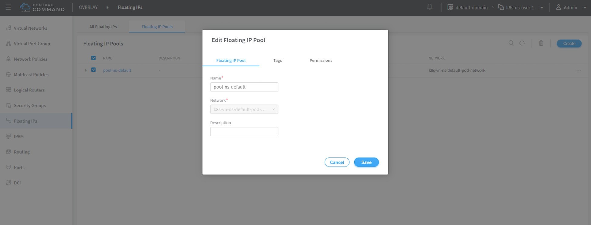 Contrail Command interface showing Floating IP Pools management with edit dialog for pool-ns-default in network k8s-vn-ns-default-pod-network.