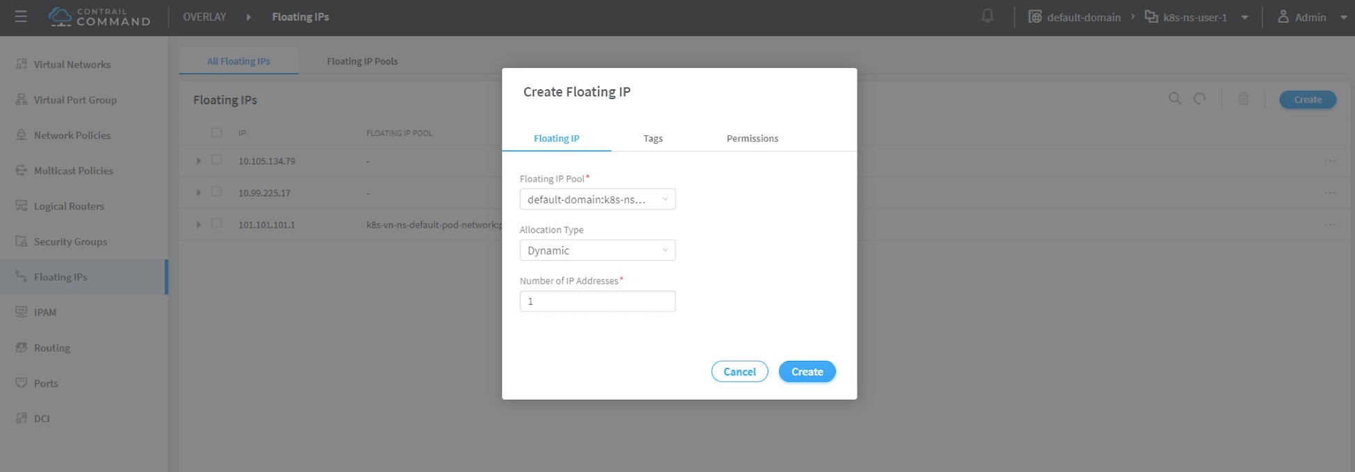 Contrail Command interface for managing floating IPs, showing a list of IPs and an open dialog for creating new floating IPs.