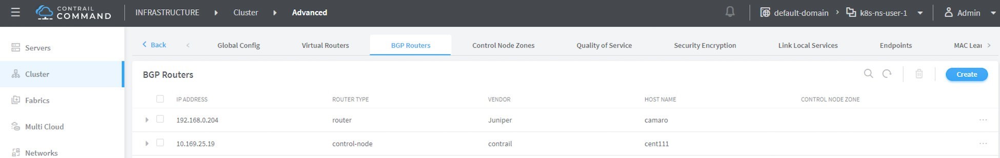 Network management interface from Contrail Command showing BGP routers. Includes navigation menu and tabs for Global Config and BGP Routers. Two routers listed: 192.168.0.204 from Juniper named camaro, and 10.169.25.19 from Contrail named cent111. Options for search, refresh, delete, and create entries available.
