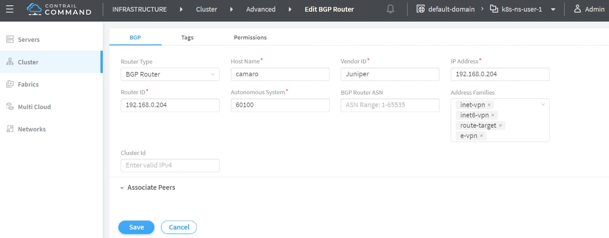 Configuration interface for editing a BGP Router in Juniper Contrail Command. Router type: BGP Router, Hostname: camaro, Vendor: Juniper, IP Address and Router ID: 192.168.0.204, AS: 60100, BGP Router ASN: 1-65535, Supported address families: inet-vpn, inet6-vpn, route-target, e-vpn. Save and Cancel buttons present.