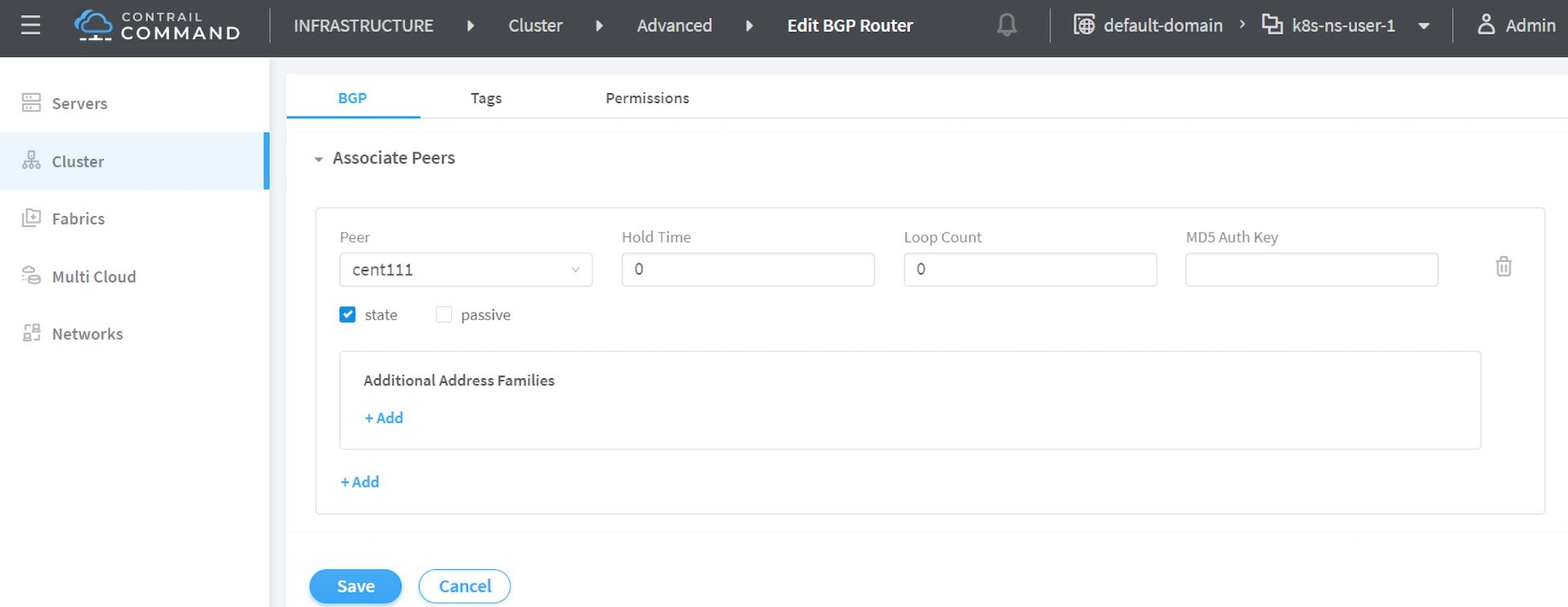 Juniper Contrail Command interface for configuring a BGP router with options for BGP peers, hold time, loop count, MD5 auth key, and state settings.