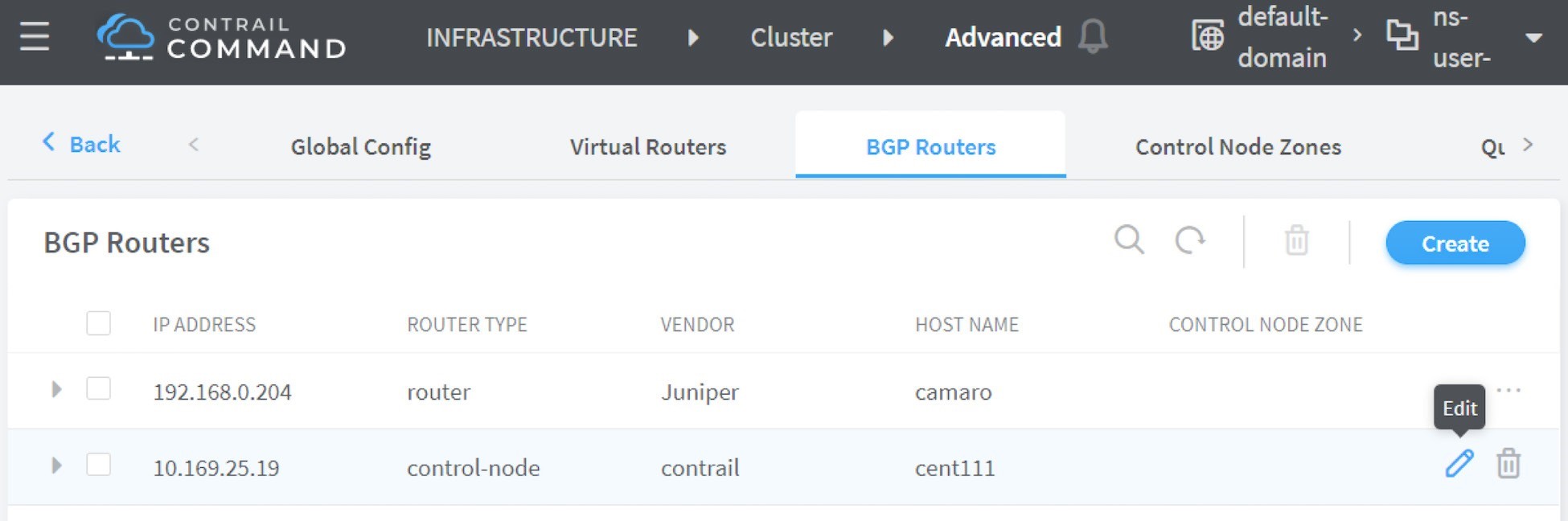 Contrail Command BGP Routers section showing router list with columns for IP Address, Router Type, Vendor, Host Name, and Control Node Zone.