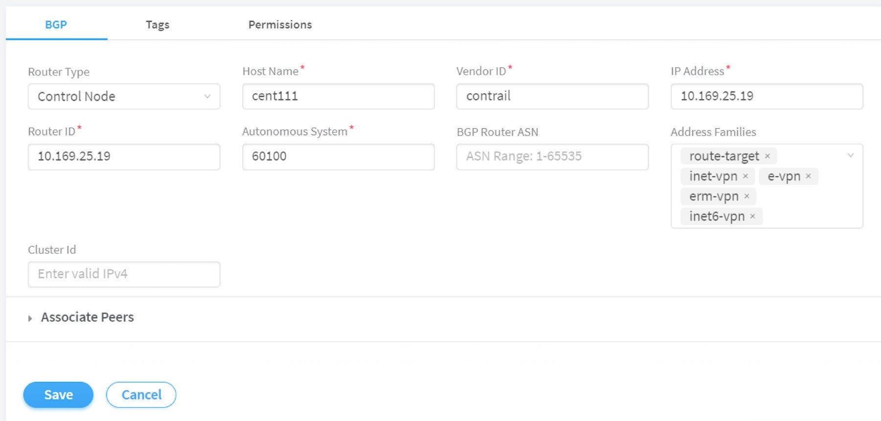 Configuration interface for setting up a BGP router with fields for Router Type Control Node, Host Name cent111, Vendor ID contrail, Router ID 10.169.25.19, AS 60100, supported address families, and Save or Cancel buttons.