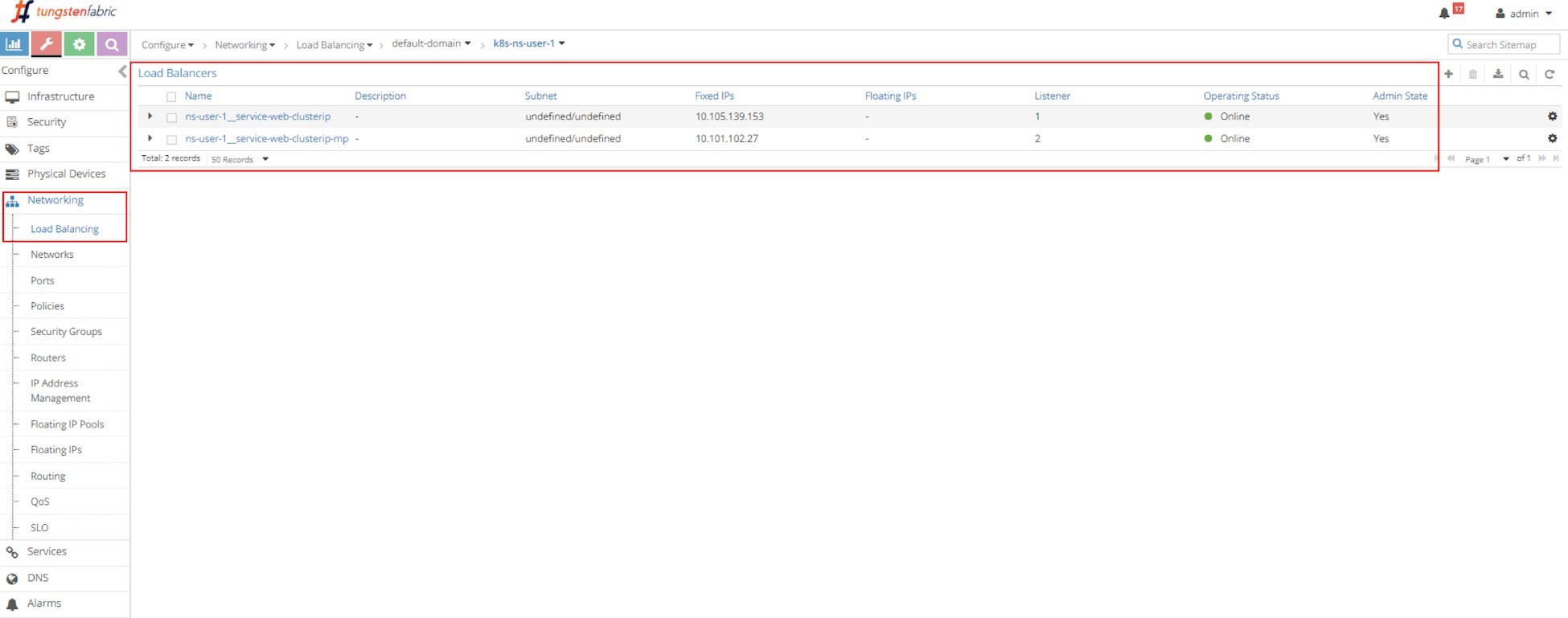Screenshot of Tungsten Fabric web interface showing Load Balancing section with two load balancers named ns-user-1_service-web-clusterip and ns-user-1_service-web-clusterip-mp, both online.