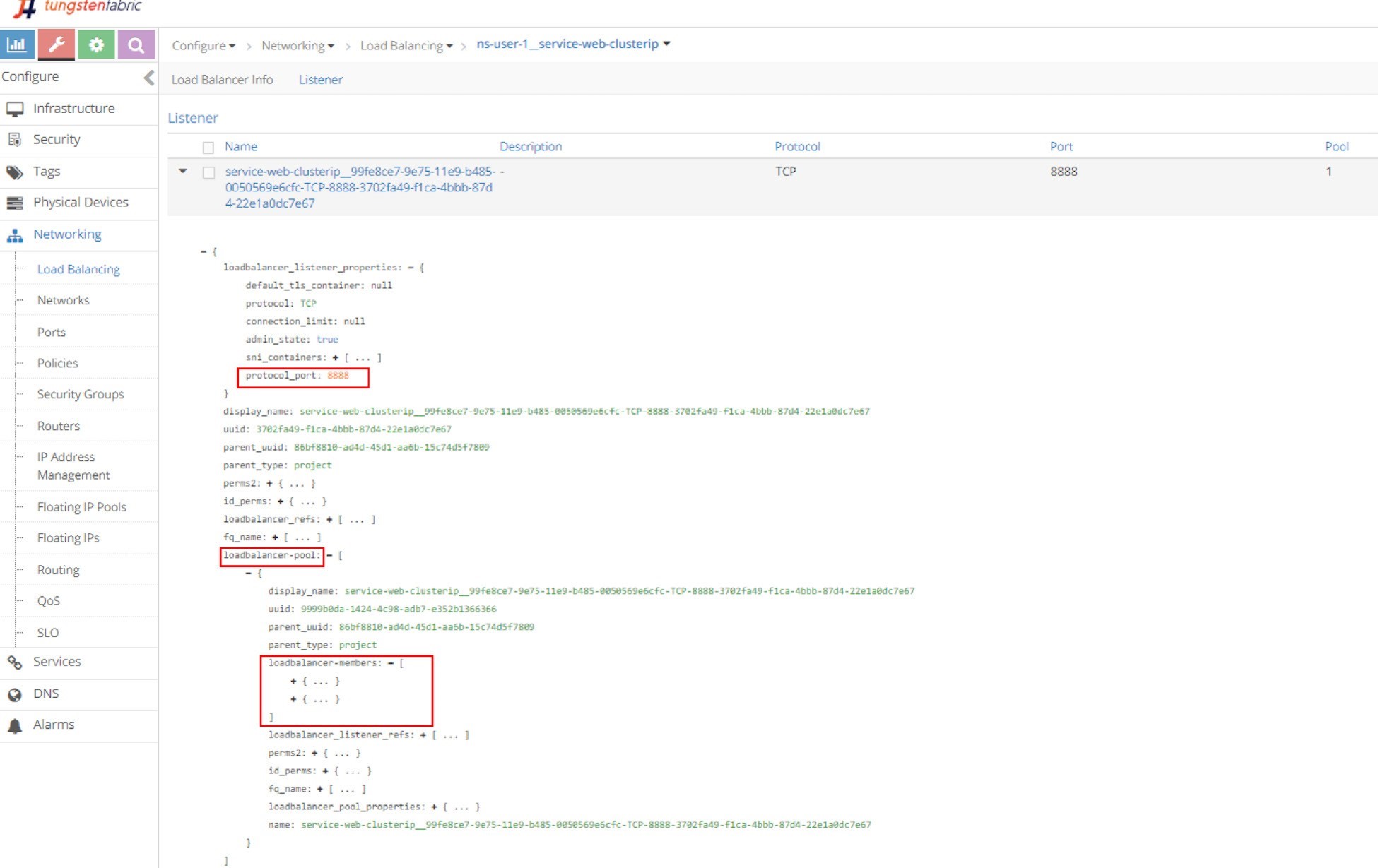 Configuration details for a load balancer listener in Tungsten Fabric web interface. Listener uses TCP protocol on port 8888 for service-web-clusterip.