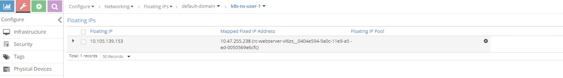 Floating IP configuration screen with IP 10.105.139.153 mapped to fixed IP 10.47.255.238 in Kubernetes namespace k8s-ns-user-1.