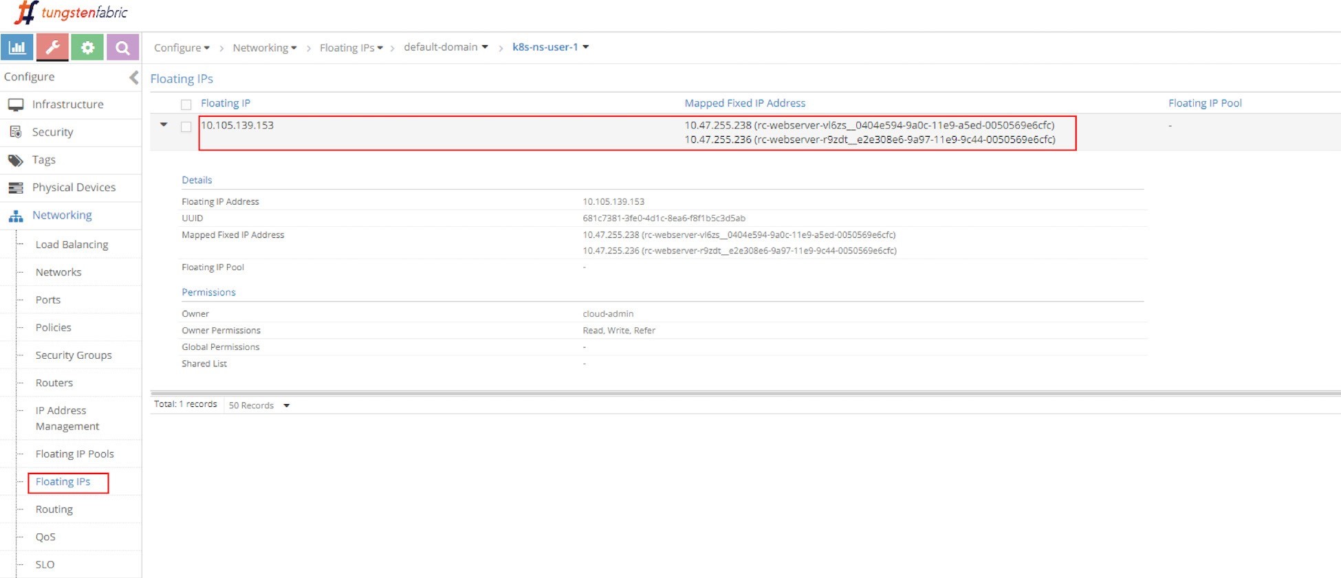 Screenshot of Tungsten Fabric Floating IPs section showing highlighted floating IP 10.105.139.153, mapped to fixed IPs 10.47.255.238 and 10.47.255.236.