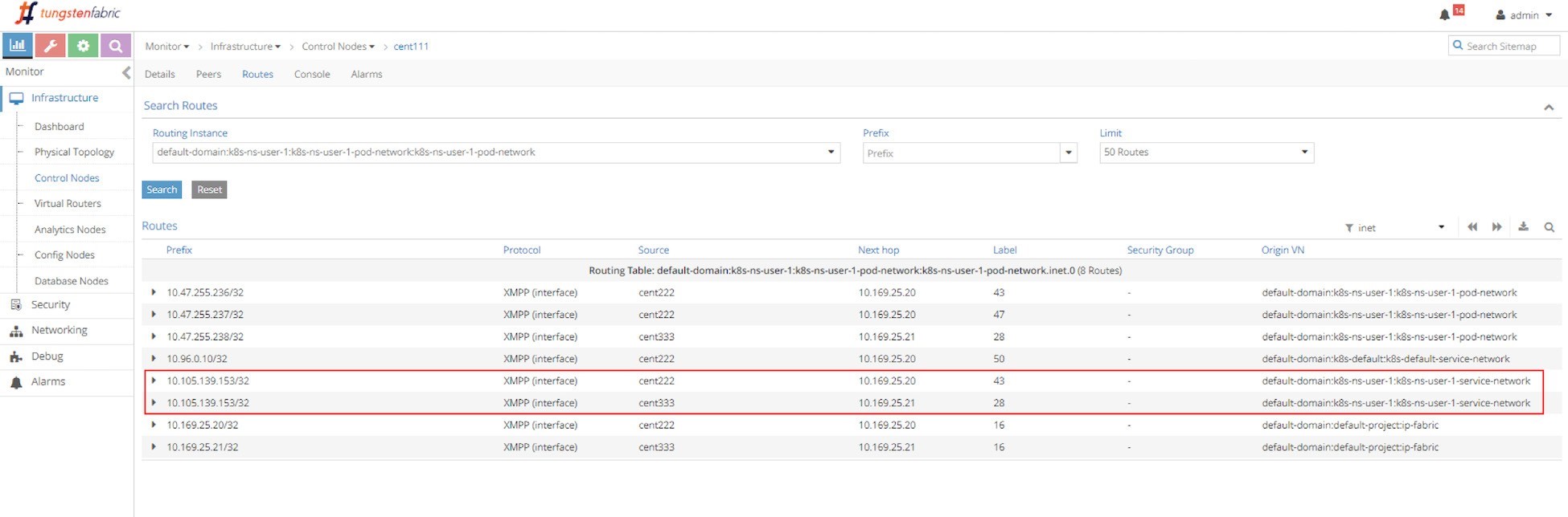 Routing table screenshot from Tungsten Fabric interface showing instance default-domain:k8s-ns-user-1:k8s-ns-user-1-pod-network with entries for IP 10.105.139.153/32 from sources cent222 and cent333.