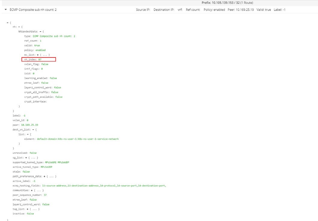 Network routing table screenshot showing ECMP route for IP 10.105.139.153 with 2 next-hop paths. Policy enabled and route is valid. Tunnel type is MPLSoUDP.