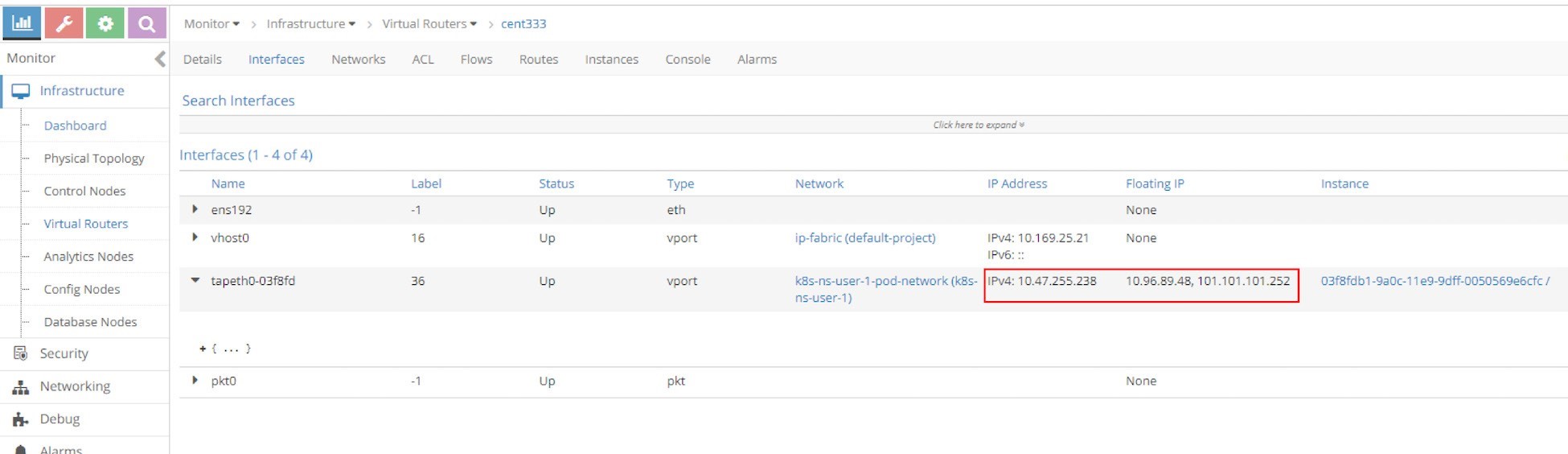 Network management interface showing details of virtual router cent333 with interfaces and IPs, highlighting IP 10.47.255.238 for tapeth0-03f8fd.