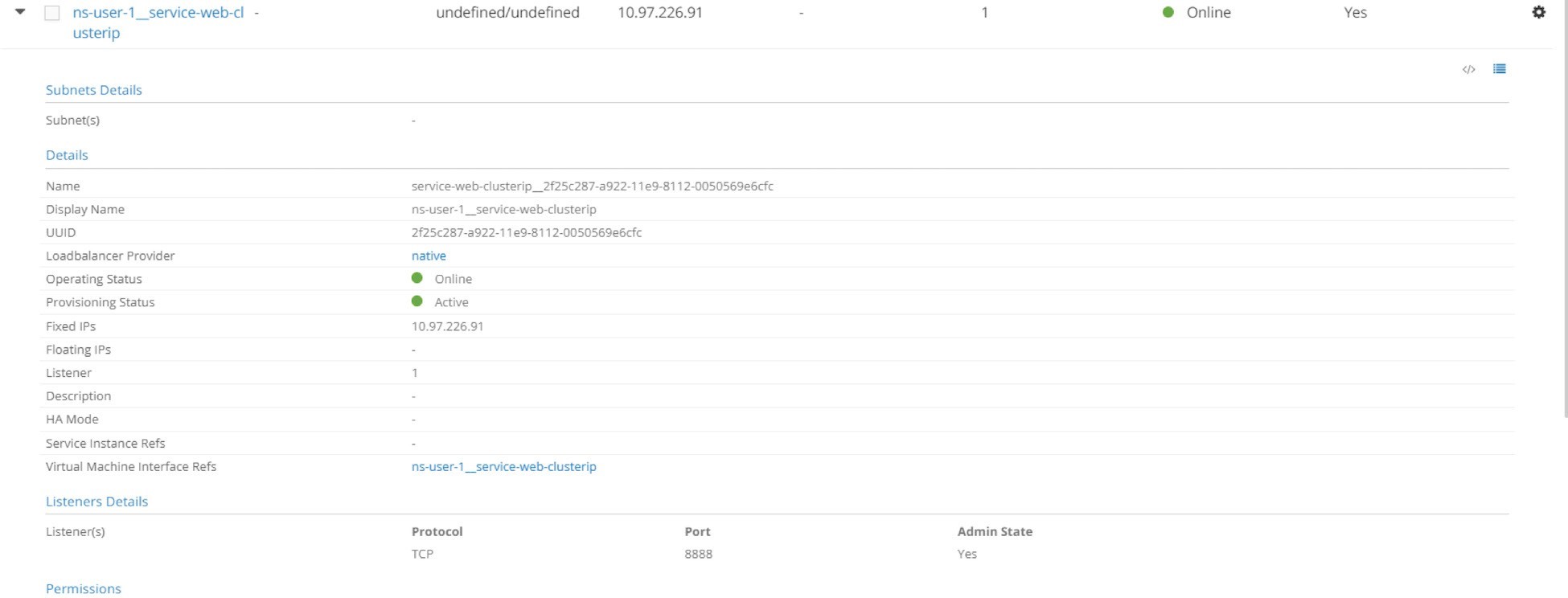 Screenshot of a cloud management interface showing a service named ns-user-1__service-web-clusterip with IP 10.97.226.91. The service is online and active with a TCP listener on port 8888.