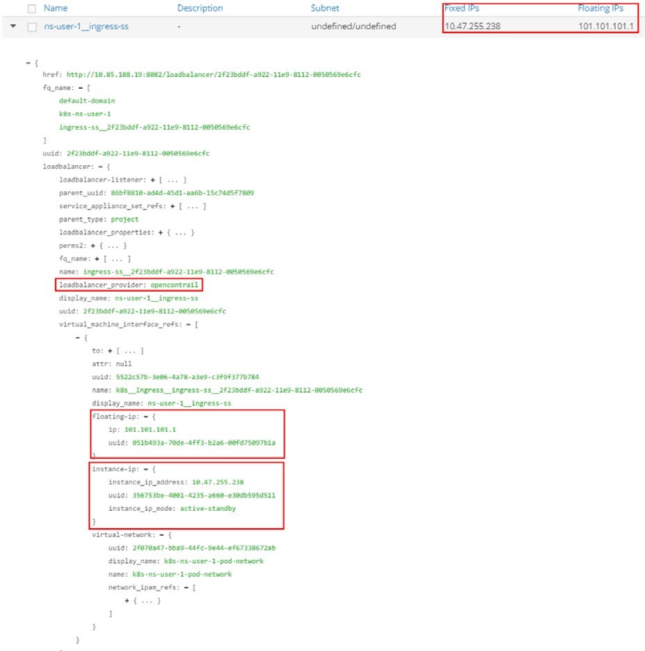 Load balancer configuration showing name ns-user-1_ingress-ss, subnet undefined, fixed IP 10.47.255.238, floating IP 101.101.101.1, provider opencontrail, and virtual network details.