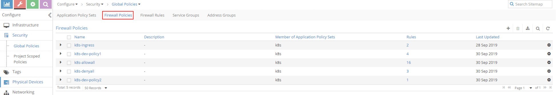 Screenshot of firewall management interface showing Firewall Policies tab with policy names like k8s-Ingress and k8s-dev-policy1. All policies are part of k8s and have varying rules and last updated dates. Navigation options like Infrastructure and Security are on the left.