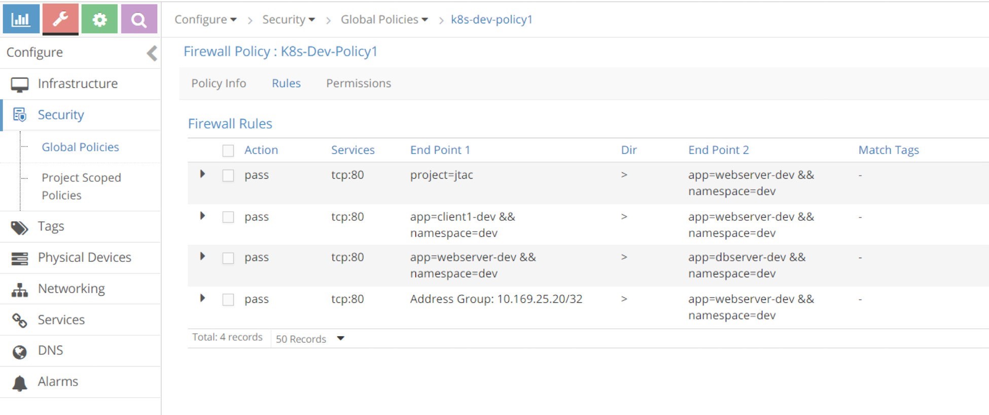 Firewall policy configuration interface for Kubernetes development named K8s-Dev-Policy1. Shows security rules allowing traffic between specified apps and namespaces over TCP port 80.