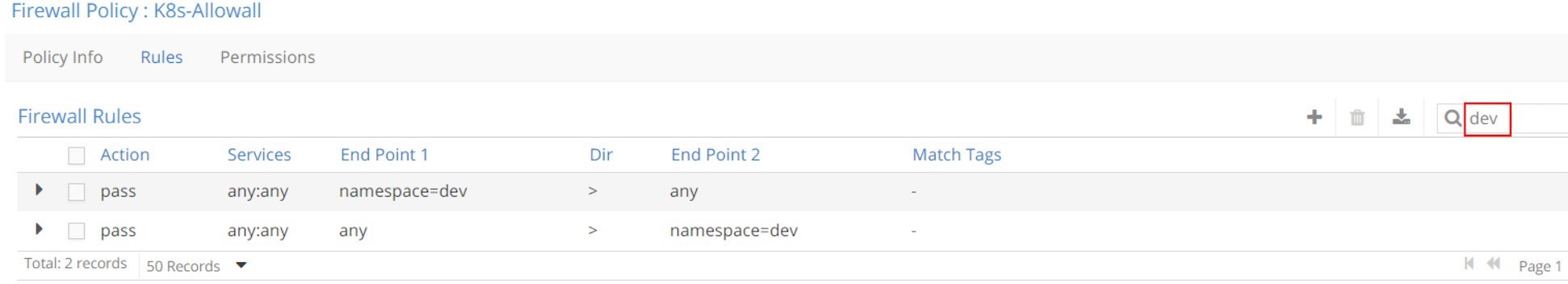 Firewall policy configuration interface for K8s-Allowall with rules showing pass actions between namespace=dev and any.