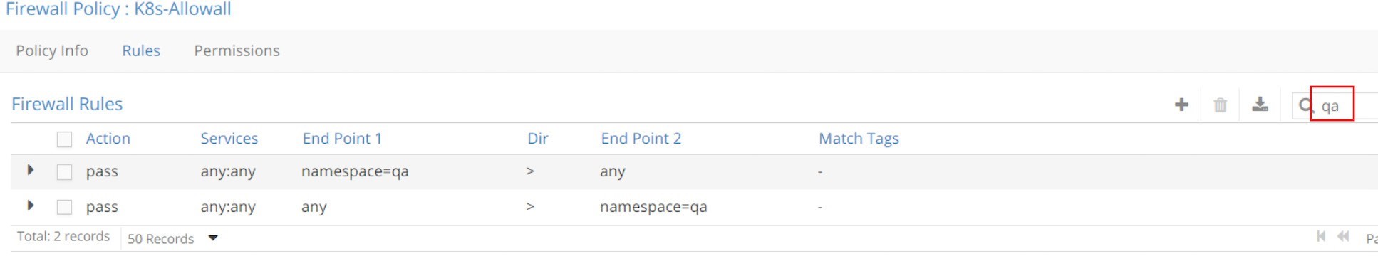 Firewall policy configuration interface for K8s-AllowAll with 2 outbound pass rules: namespace=qa to any and any to namespace=qa.