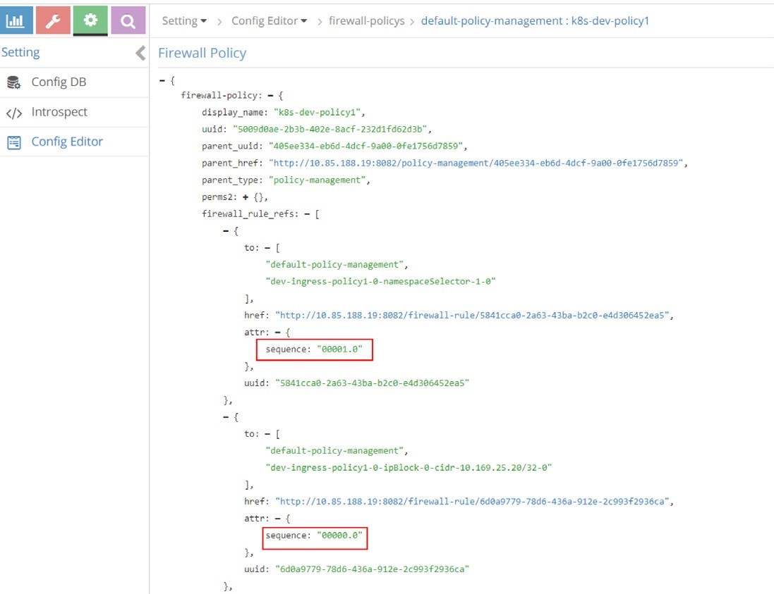 Configuration interface displaying firewall policy k8s-dev-policy1 with JSON-like data, rule details, and navigation panel.