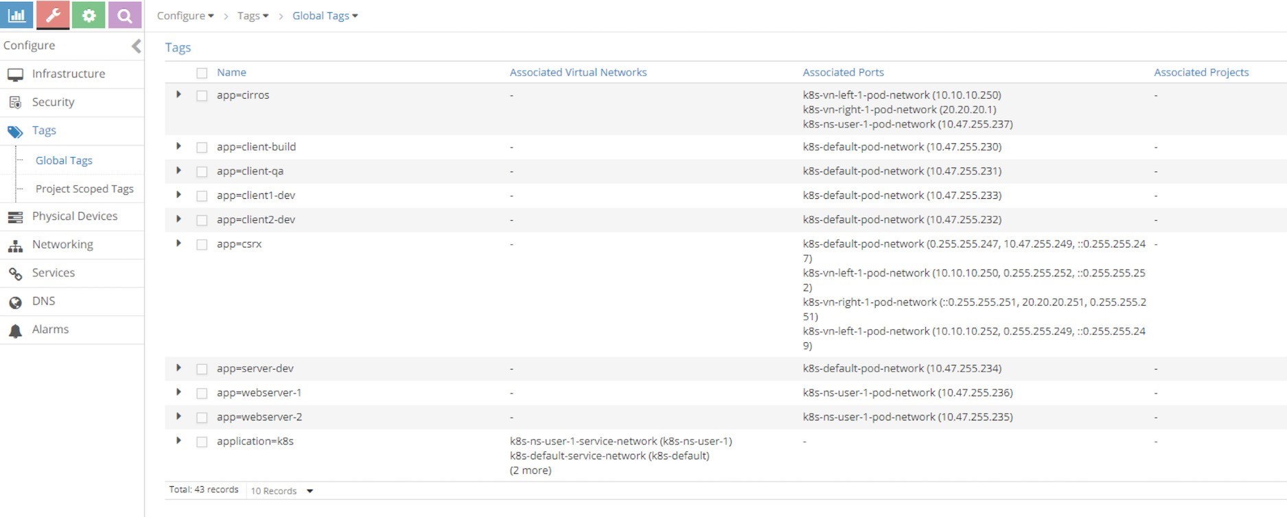 Screenshot of a tag management interface showing a navigation menu with options like Infrastructure and Tags, and a main panel listing tags with columns for Name, Associated Virtual Networks, Ports, and Projects. Tags include app=cirros and application=k8s, with a footer indicating 43 records total, 10 per page.