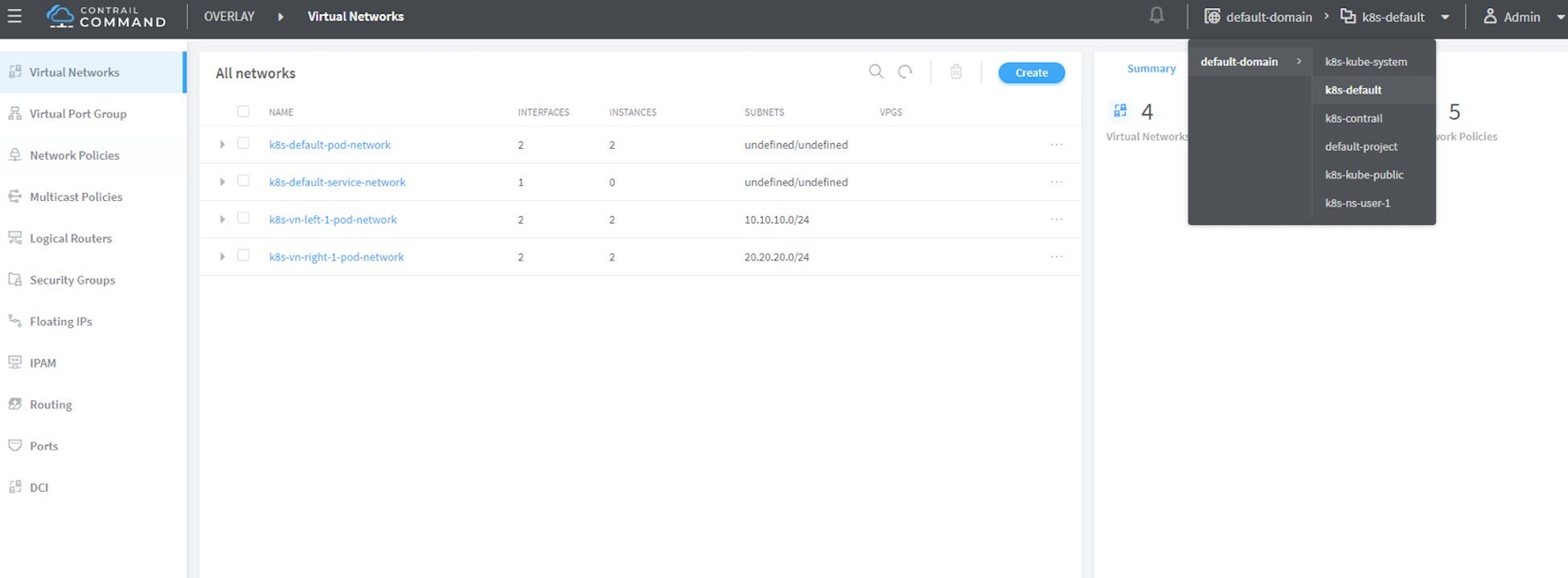 Network management interface displaying virtual networks list with details like interfaces, instances, and subnets. Sidebar includes options for Virtual Networks, Network Policies, and Security Groups. Dropdown at top for domain or project selection.