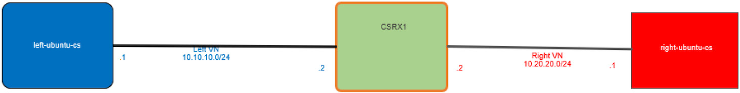 Network topology diagram showing Left Ubuntu System in subnet 10.10.10.0/24 with IP .1, CSRX1 connecting two subnets, and Right Ubuntu System in subnet 10.20.20.0/24 with IP .1.