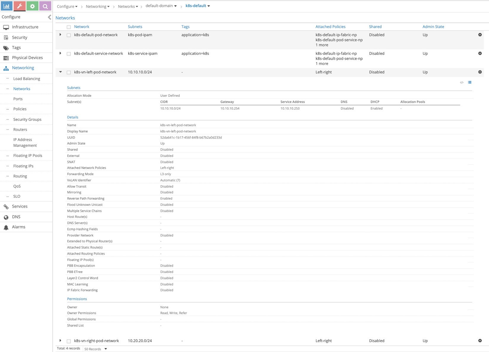 Screenshot of a cloud networking interface showing Kubernetes network configurations and details for k8s-vn-left-pod-network with CIDR 10.10.10.0/24.