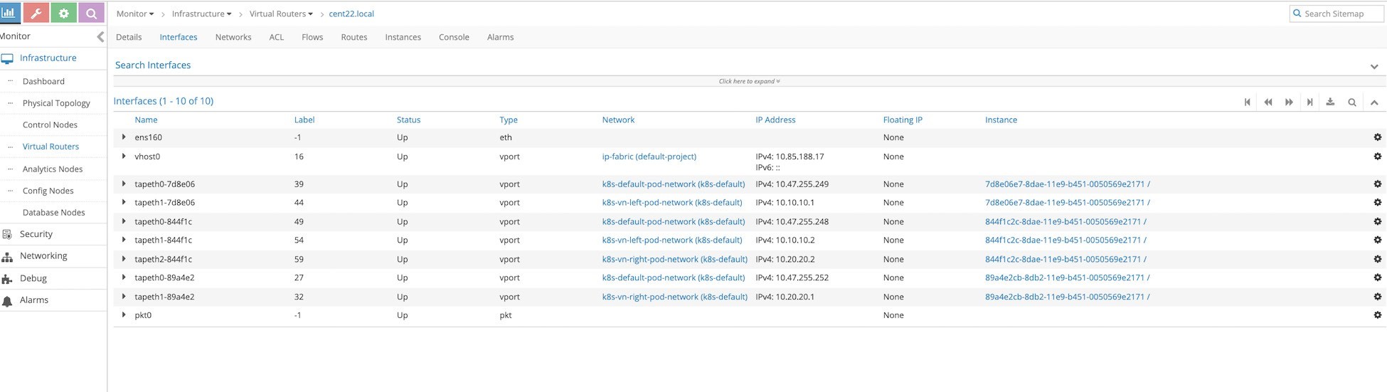 Network management interface showing virtual router cent22.local with selected Interfaces tab. Displays interface details like Name, Label, Status, Type, Network, IP Address, and Instance.