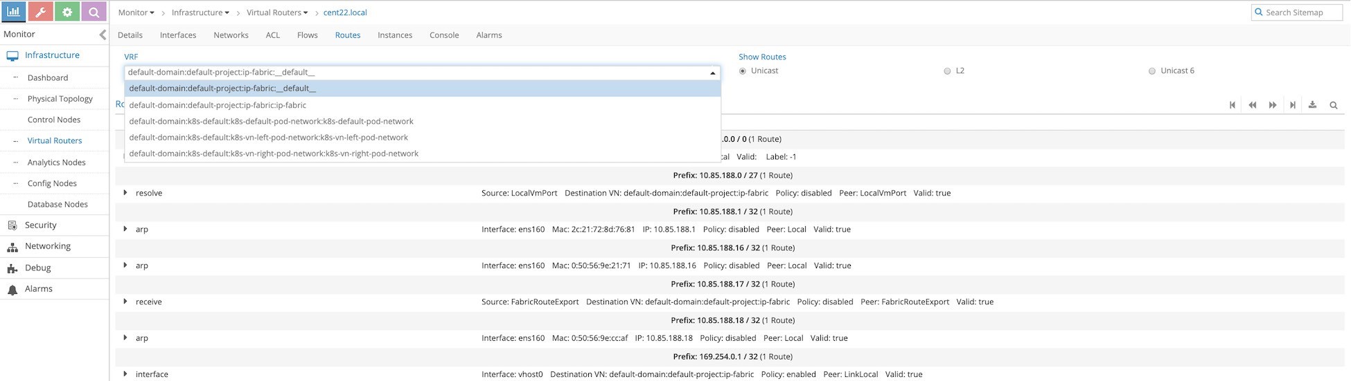 Network monitoring interface for virtual routers, showing routing info for cent22.local with options for VRF selection, route types, and search.