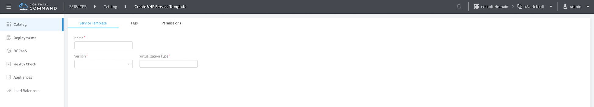 Contrail Command interface for creating a VNF Service Template with fields for Name, Version, and Virtualization Type.