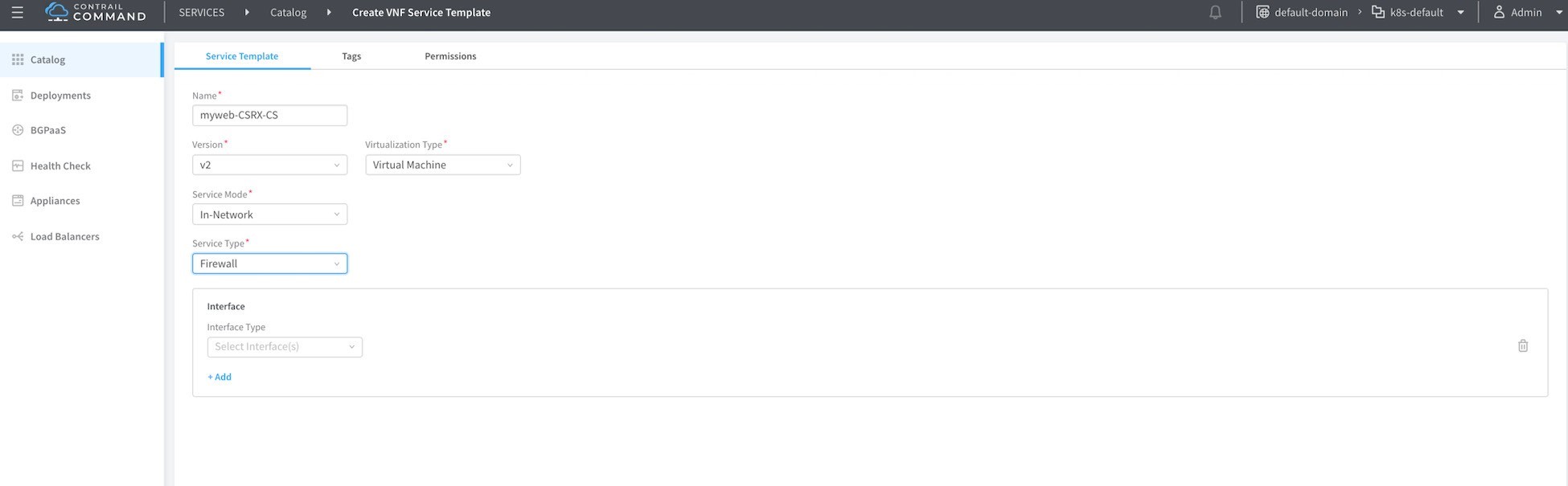 Contrail Command interface for creating a VNF service template with fields for name, version, virtualization type, service mode, and service type.